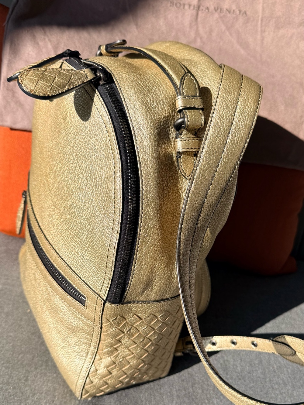 Bottega Veneta Intrecciato Golden Leather Backpack Rucksack authentic excellent